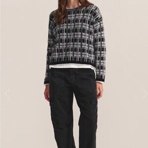 Velvet Lacy jacquard weaving  Black and White Checkered crew neck Sweater